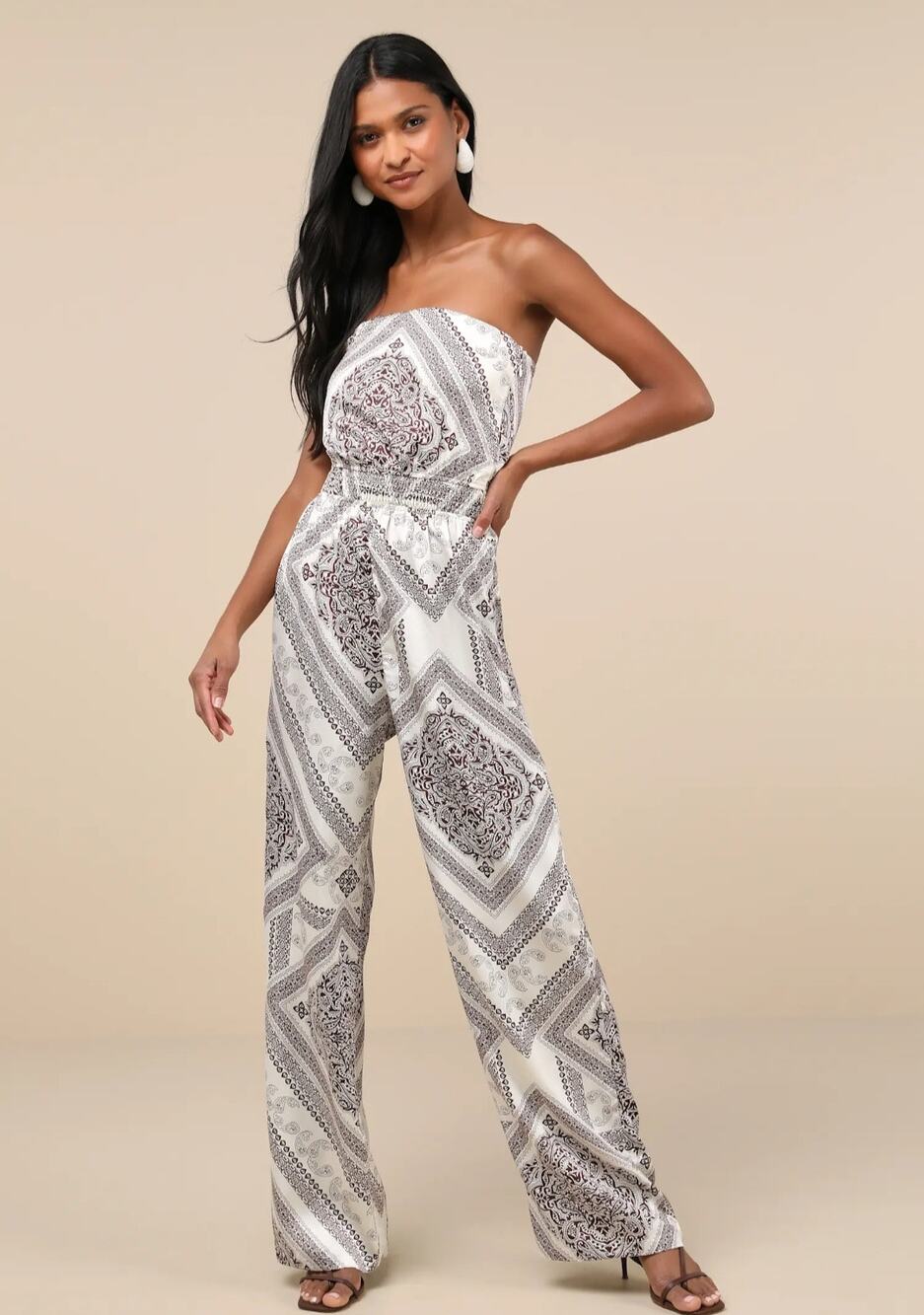 NWT Lulus Western Direction Ivory Scarf Print Satin Strapless Jumpsuit XL
